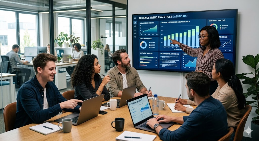 Marketing team reviewing AI-powered audience trend analytics dashboard in New York office
