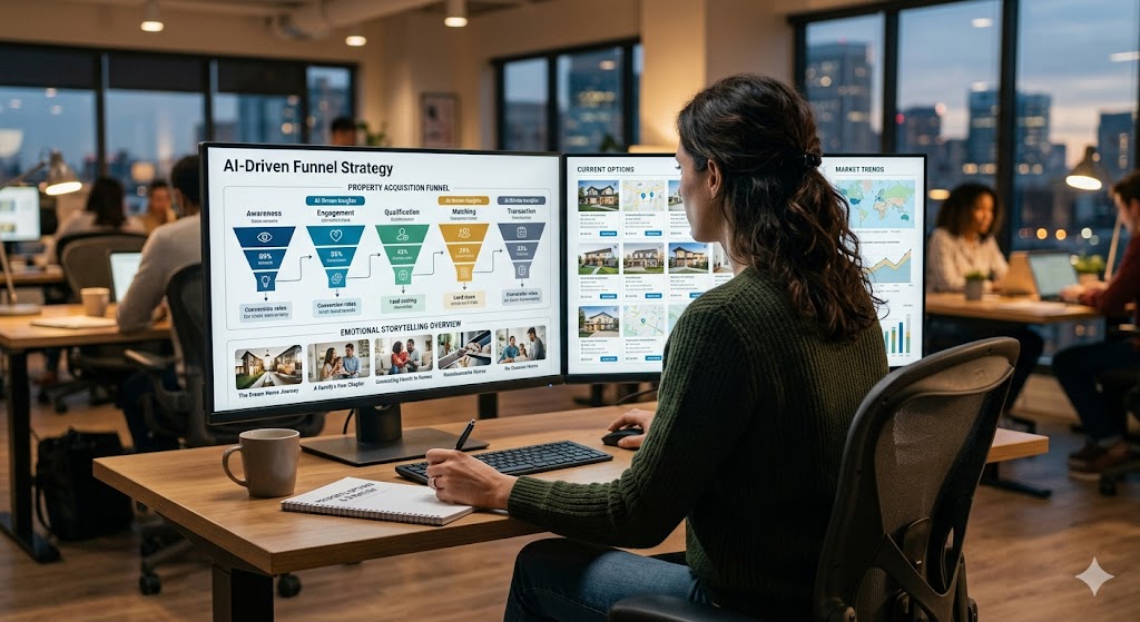 Real estate buyer reviewing property options while emotional storytelling and AI-driven funnel strategy visuals 