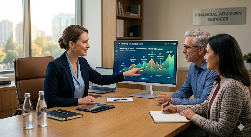Financial advisor using AI storytelling technology to explain complex financial concepts to clients